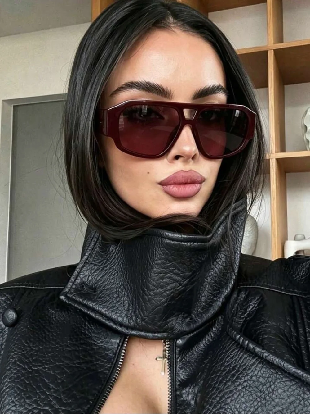 1pc Retro Double-Bridge Fashion Glasses, Casual Versatile Burgundy Glasses